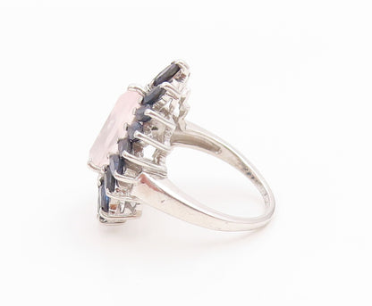 925 Sterling Silver Vintage Ring Elegant Rose Quartz & Sapphire  Sz 8.5  RG36147