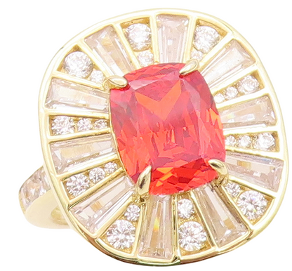 925 Sterling Silver Vintage Ring Gold Plated Red & White CZ Inlay  Sz 7  RG30243