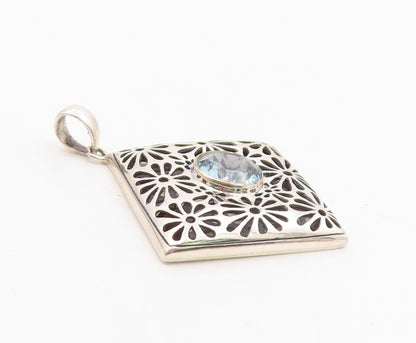 925 Silver  Vintage Floral Openwork Inlaid Blue Topaz Drop Pendant  PT21518