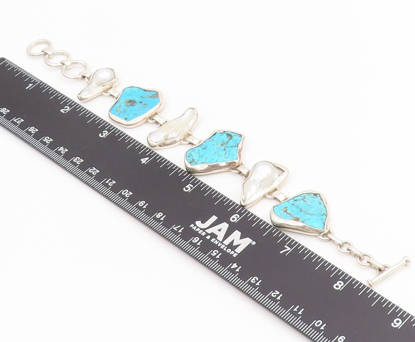 925 Sterling Silver Vintage Bracelet Modernist Pearl & Turquoise Link  BT11637