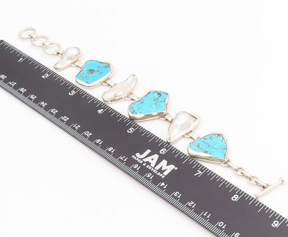925 Sterling Silver Vintage Bracelet Modernist Pearl & Turquoise Link  BT11637