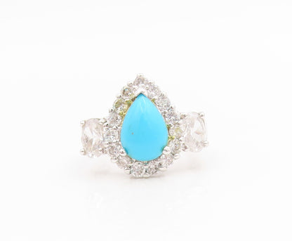 925 Sterling Silver Vintage Ring Pear Cut Turquoise Halo CZ Band  Sz 6  RG34622