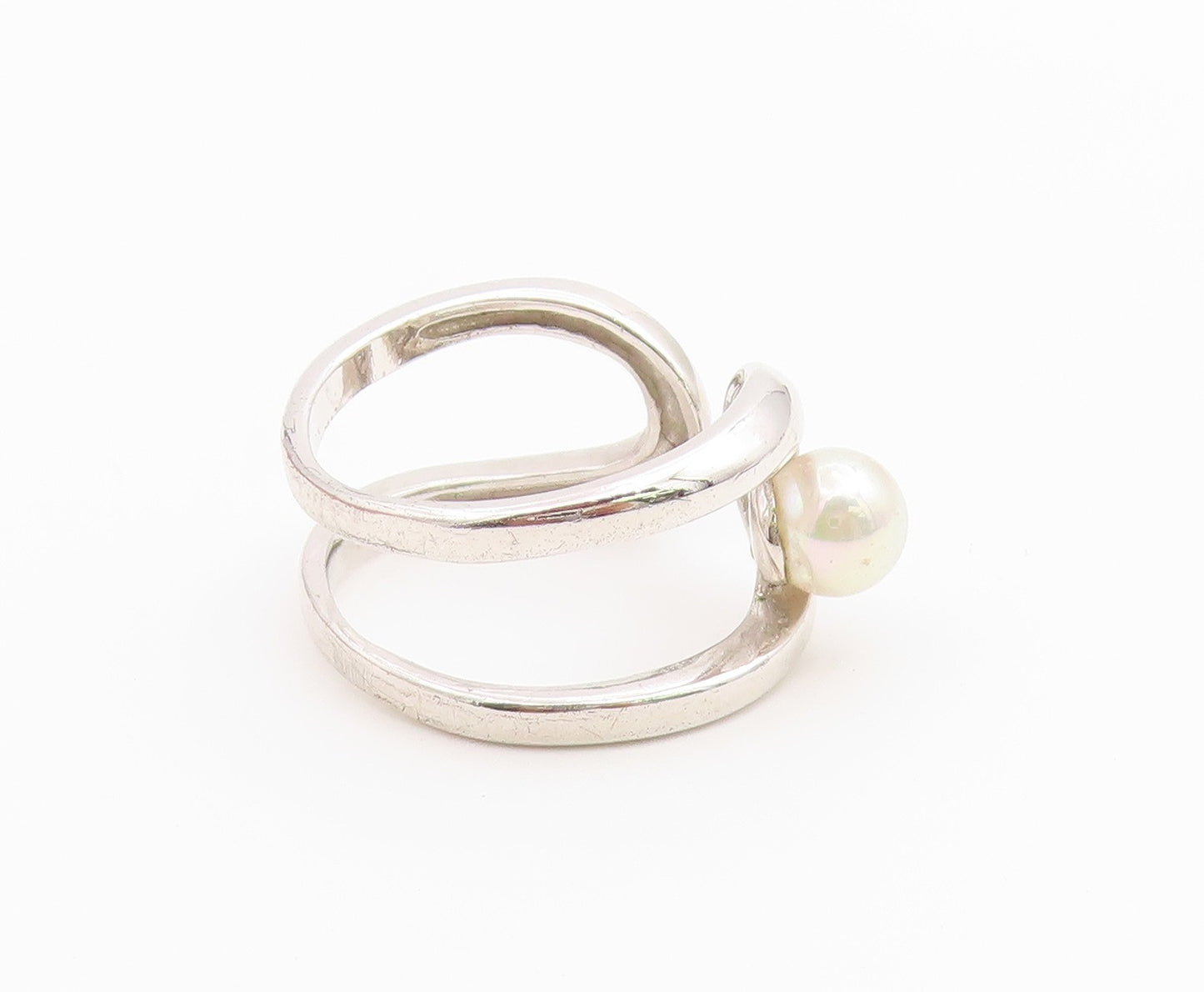 925 Sterling Silver Vintage Ring Abstract Wave Pearl Open Band  Sz 9  RG36678