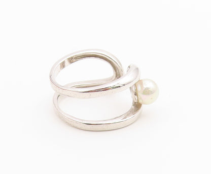 925 Sterling Silver Vintage Ring Abstract Wave Pearl Open Band  Sz 9  RG36678