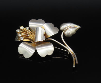 925 Silver  Vintage Two Tone Cubic Zirconia Stem Flower Brooch Pin  BP9914