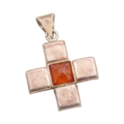 925 Sterling Silver Vintage Pendant Honey Amber Cross Medallion Charm  PT24833