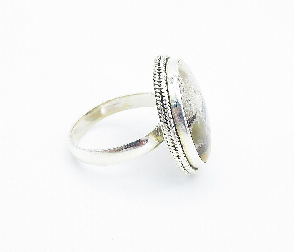 925 Sterling Silver Cabochon Cut Agate Shiny Twist Cocktail Ring Sz 9 RG8442