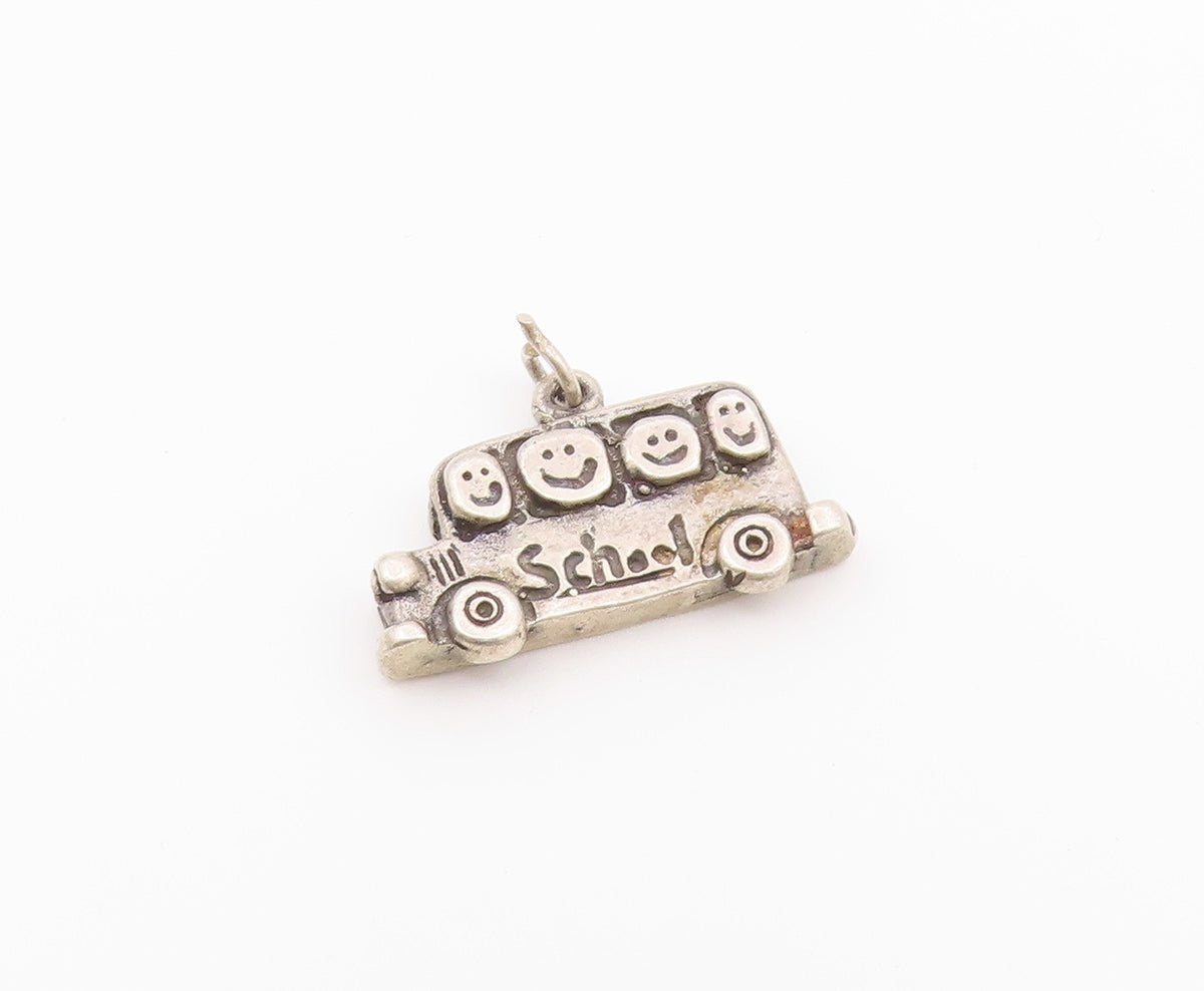 925 Sterling Silver  Vintage Happy Students On School Bus Pendant  PT19739