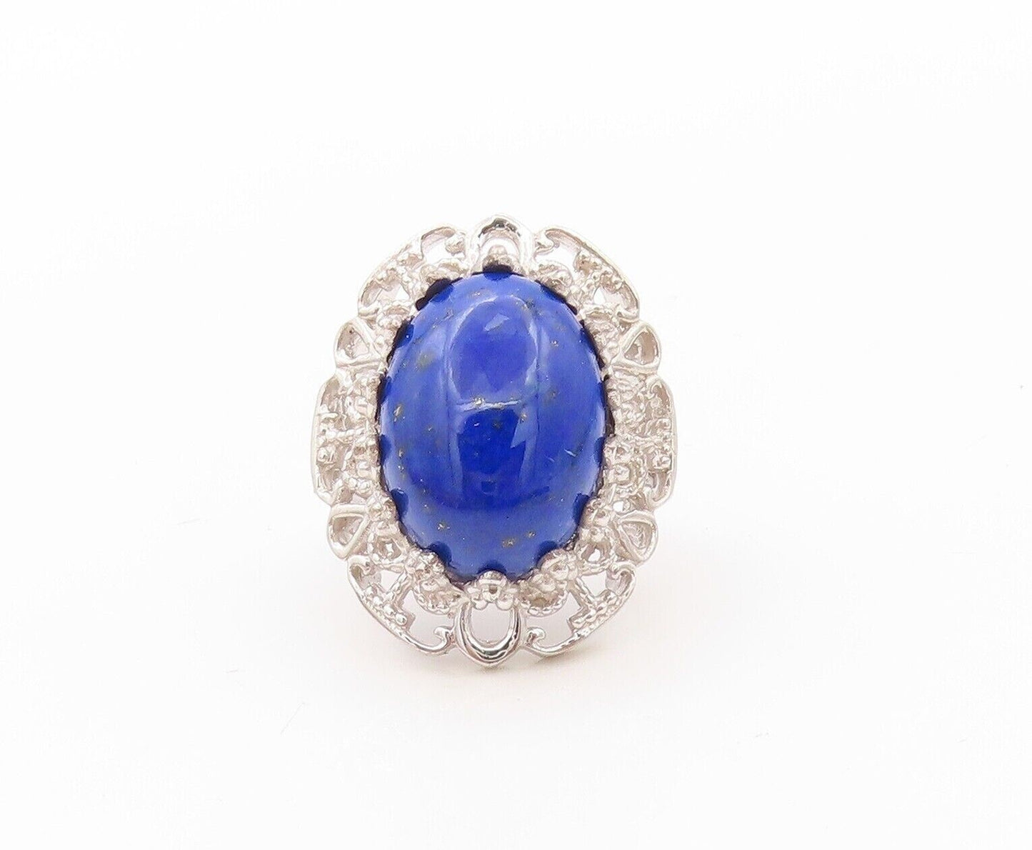 925 Sterling Silver Vintage Ring Oval Lapis Lazuli Floral Carved  Sz 7  RG30177