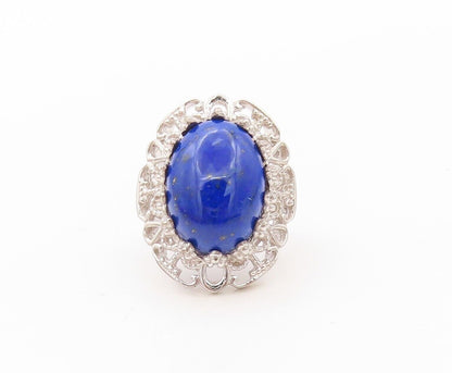 925 Sterling Silver Vintage Ring Oval Lapis Lazuli Floral Carved  Sz 7  RG30177