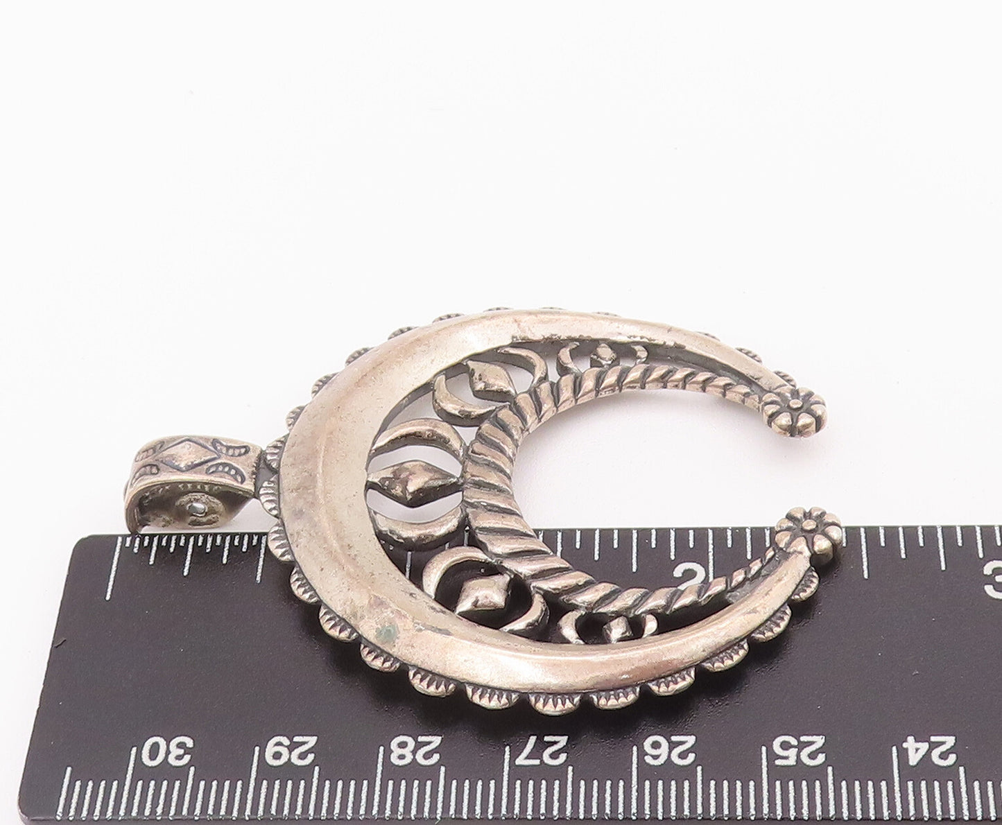 925 Sterling Silver Vintage Pendant CAROLYN POLLACK Carved C Shape Roped PT22796