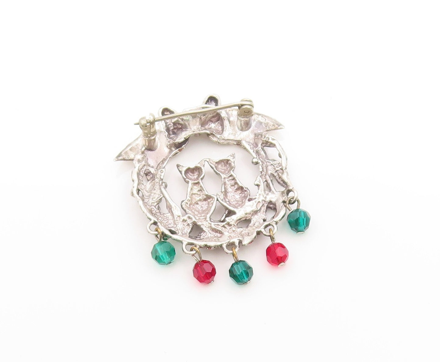 925 Sterling Silver Vintage Brooch Holiday Cat Couple Floral Design Pin  BP11875