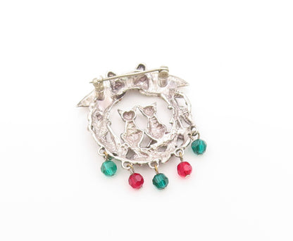 925 Sterling Silver Vintage Brooch Holiday Cat Couple Floral Design Pin  BP11875