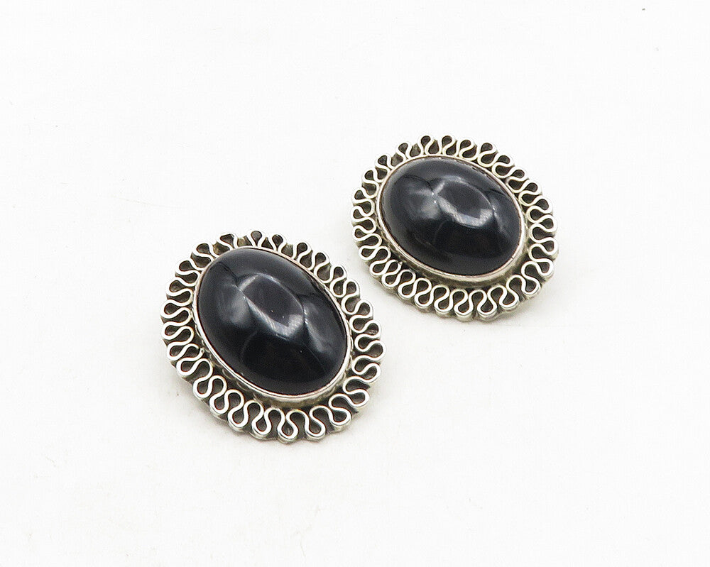 MEXICO 925 Silver  Vintage Cabochon Cut Black Onyx Non Pierce Earrings  EG5272