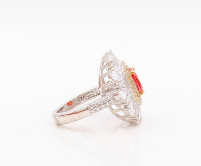 925 Sterling Silver Vintage Ring Floral Orange & White CZ Inlay  Sz 7.5  RG30360