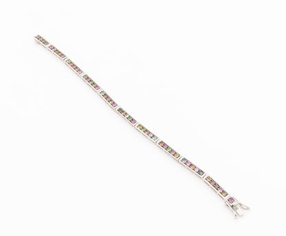 925 Sterling Silver Peridot & Multi Color Topaz Bar Chain Bracelet BT6855