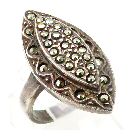 925 Sterling Silver  Vintage Marcasite Pointed Cocktail Ring Sz 6   RG13905