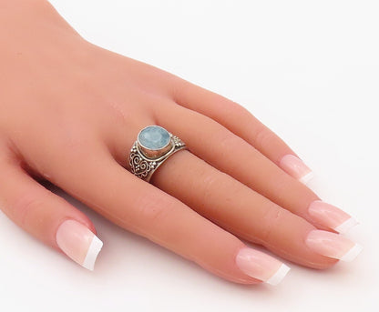 925 Sterling Silver Vintage Ring Carved Heart Design Gemstone  Sz 9.5  RG30764
