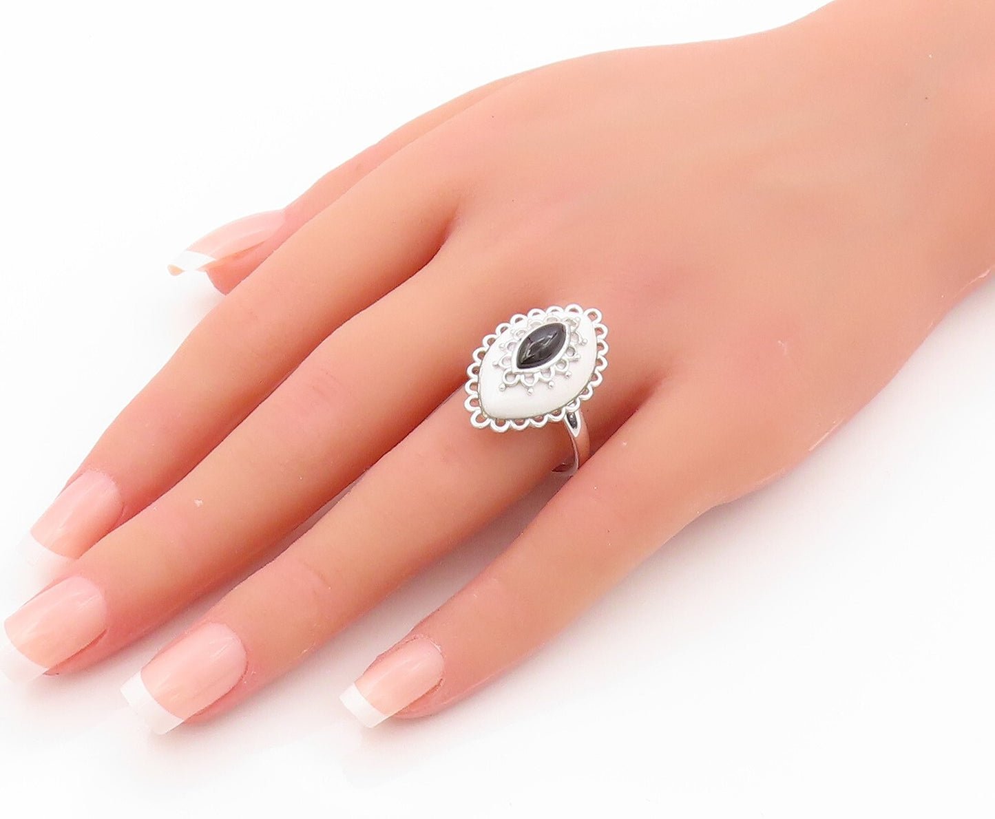 925 Sterling Silver Vintage Ring Designer Onyx & Gemstone Eyes  SZ 9  RG31935