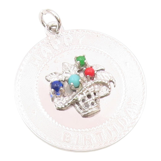 925 Silver  Vintage Coral Turquoise & Topaz Happy Birthday Pendant  PT18851