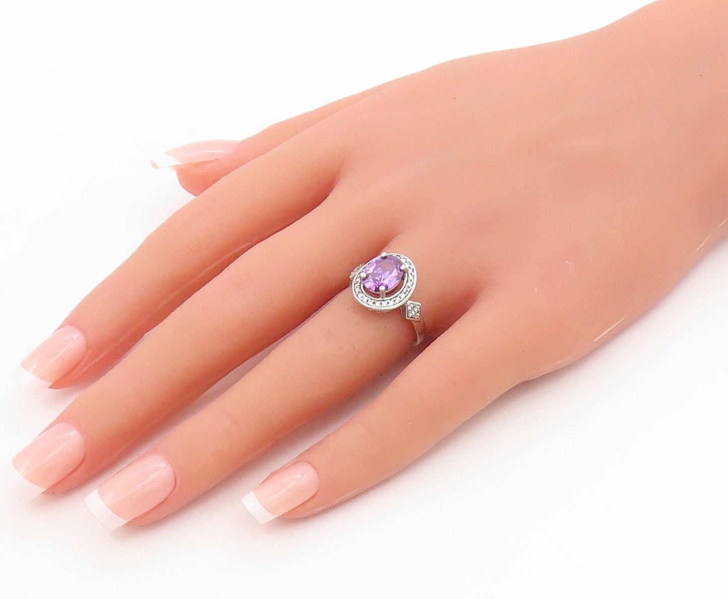 925 Sterling Silver Vintage Ring Elegant Amethyst Halo CZ Band  Sz 6  RG35826