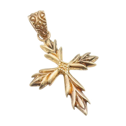 925 Sterling Silver Vintage Pendant Gold Plated Leaf Design Holy Cross  PT25893