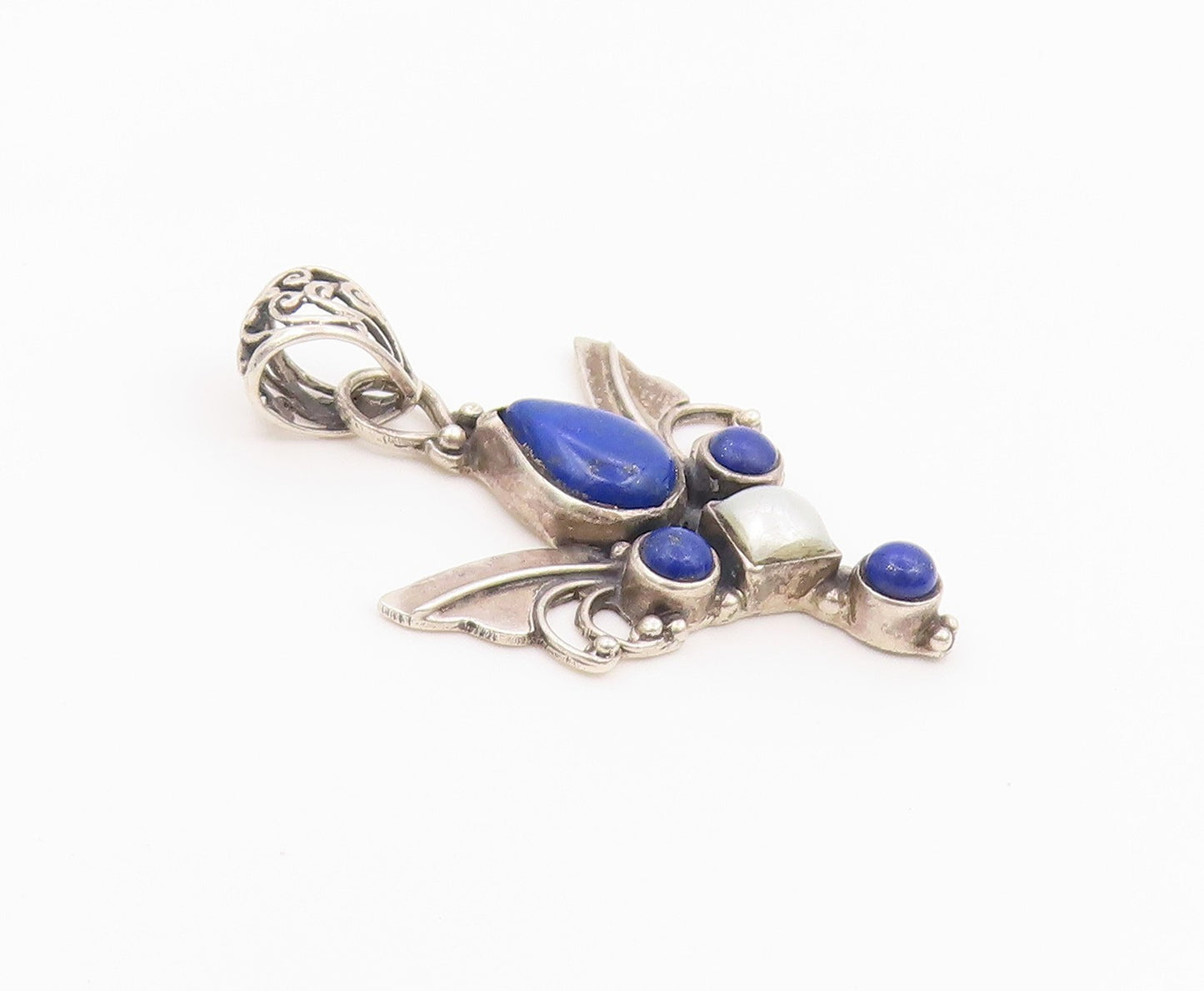 925 Sterling Silver Vintage Pendant Lapis Lazuli & Pearl Angel Wing  PT26427