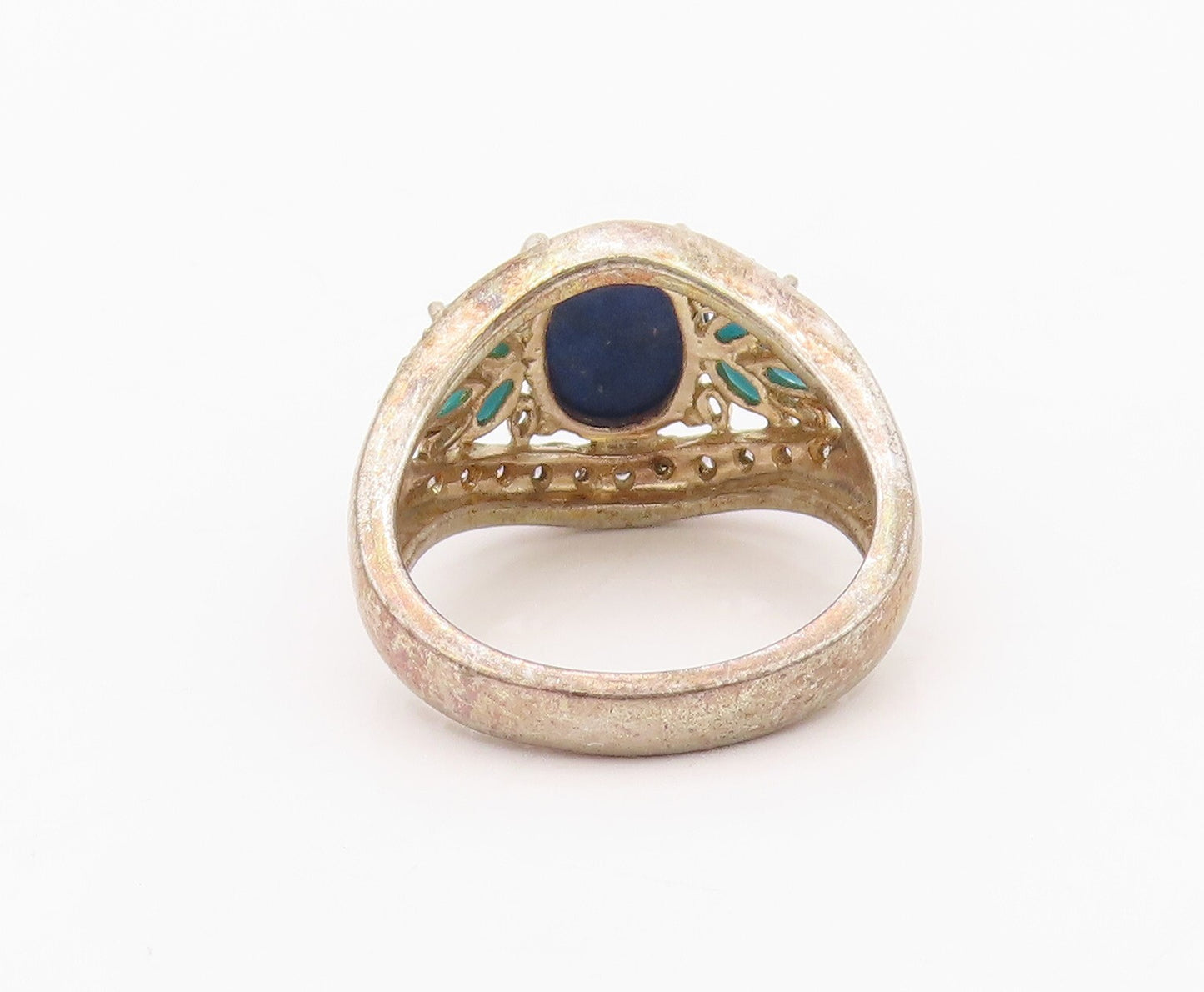 925 Sterling Silver Vintage Ring Diamonds, Turquoise & Lapis lazuli SZ 8 RG32091