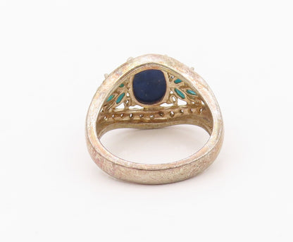 925 Sterling Silver Vintage Ring Diamonds, Turquoise & Lapis lazuli SZ 8 RG32091