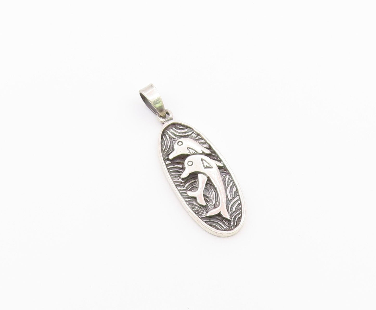 925 Sterling Silver  Vintage Double Coiled Dolphins Drop Pendant  PT20218