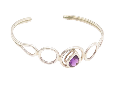 925 Sterling Silver Vintage Modernist Amethyst Halo Rings Cuff Bracelet BT9983