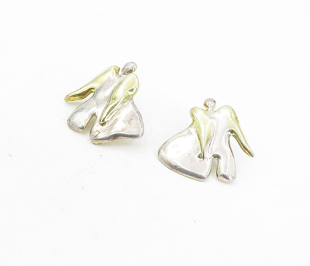 925 Sterling Silver - Vintage Two Tone Modernist Angel Drop Earrings - EG4122