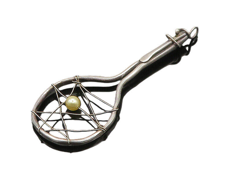 925 Sterling Silver Vintage Modernist Tennis Racket With Pearl Pendant PT15286