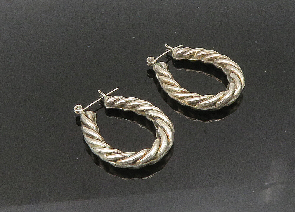 925 Sterling Silver  Vintage Shiny Rope Twist Oval Hoop Earrings  EG10738