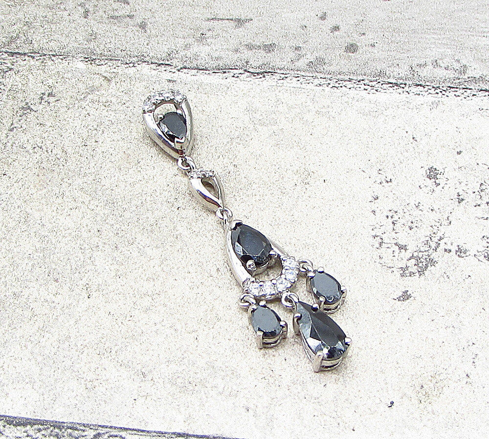 925 Sterling Silver  Hematite & Cubic Zirconia Chandelier Drop Pendant  PT1626
