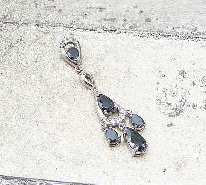 925 Sterling Silver  Hematite & Cubic Zirconia Chandelier Drop Pendant  PT1626