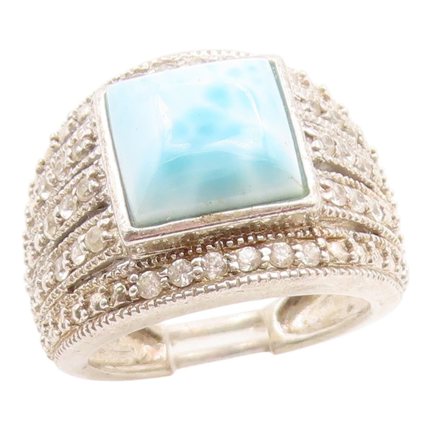 925 Sterling Silver Vintage Ring Larimar & Multi Row Topaz Band  Sz 5  RG35954