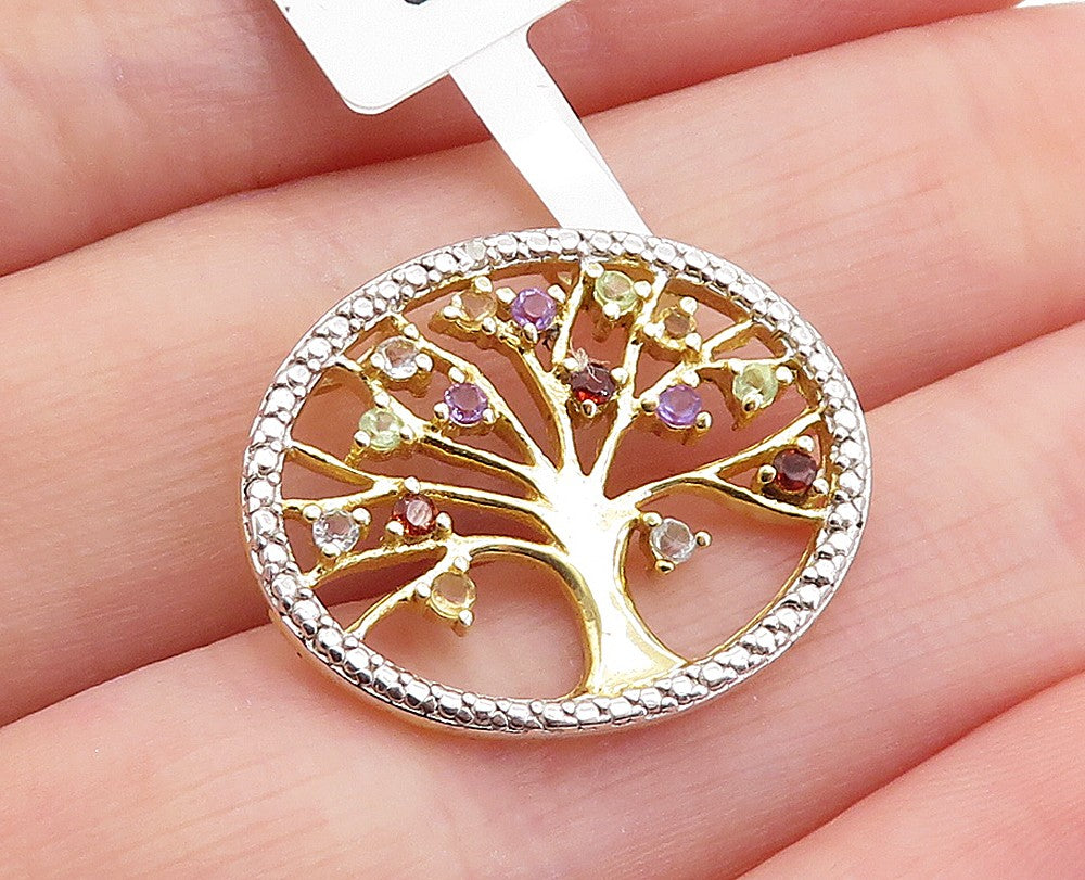 925 Silver Multicolor Topaz & Genuine Diamond Tree Of Life Pendant  PT5090