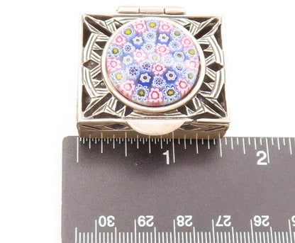 925 Sterling Silver Vintage Millefiori Top Stencil Cut Pill Box (OPENS) TR3571