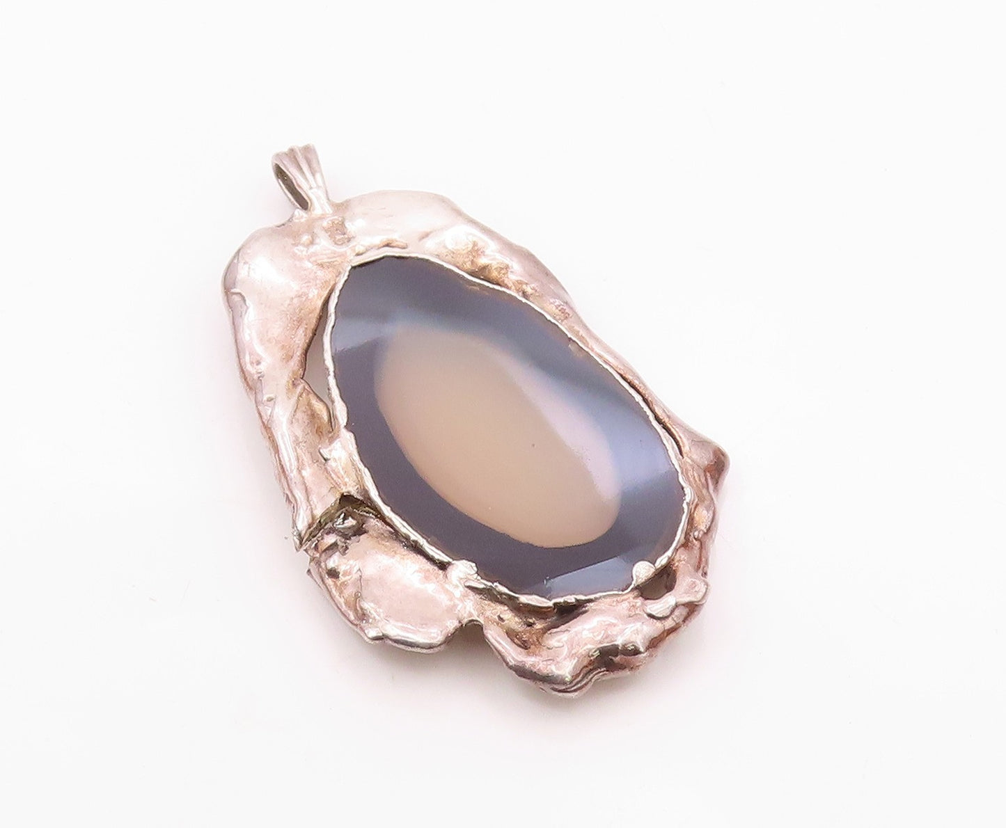 DESIGNER 925 Silver  Vintage Agate Slice Shiny Sculpted Pendant  PT15875