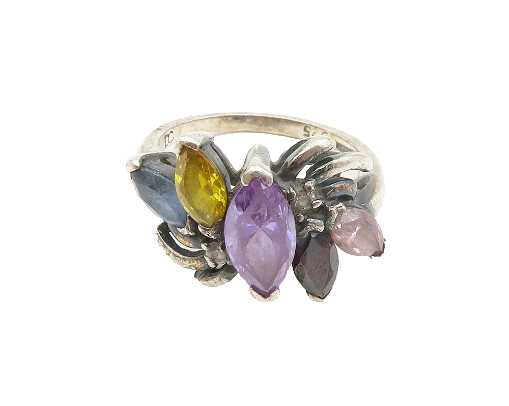 925 Sterling Silver  Vintage Amethyst Garnet & Topaz Band Ring Sz 7  RG17052
