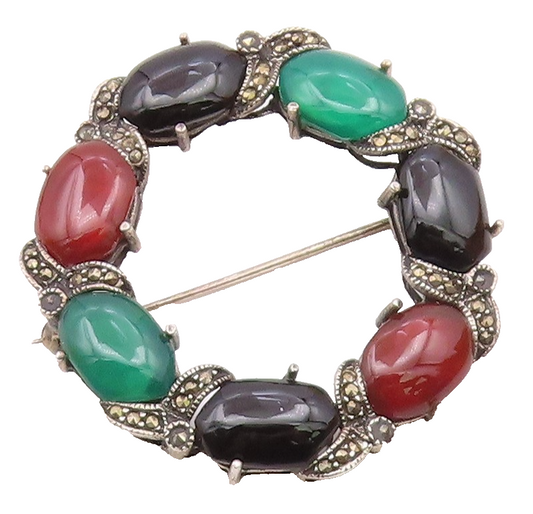 925 Silver  Vintage Fancy Carnelian Onyx & Marcasite Round Brooch Pin  BP9852
