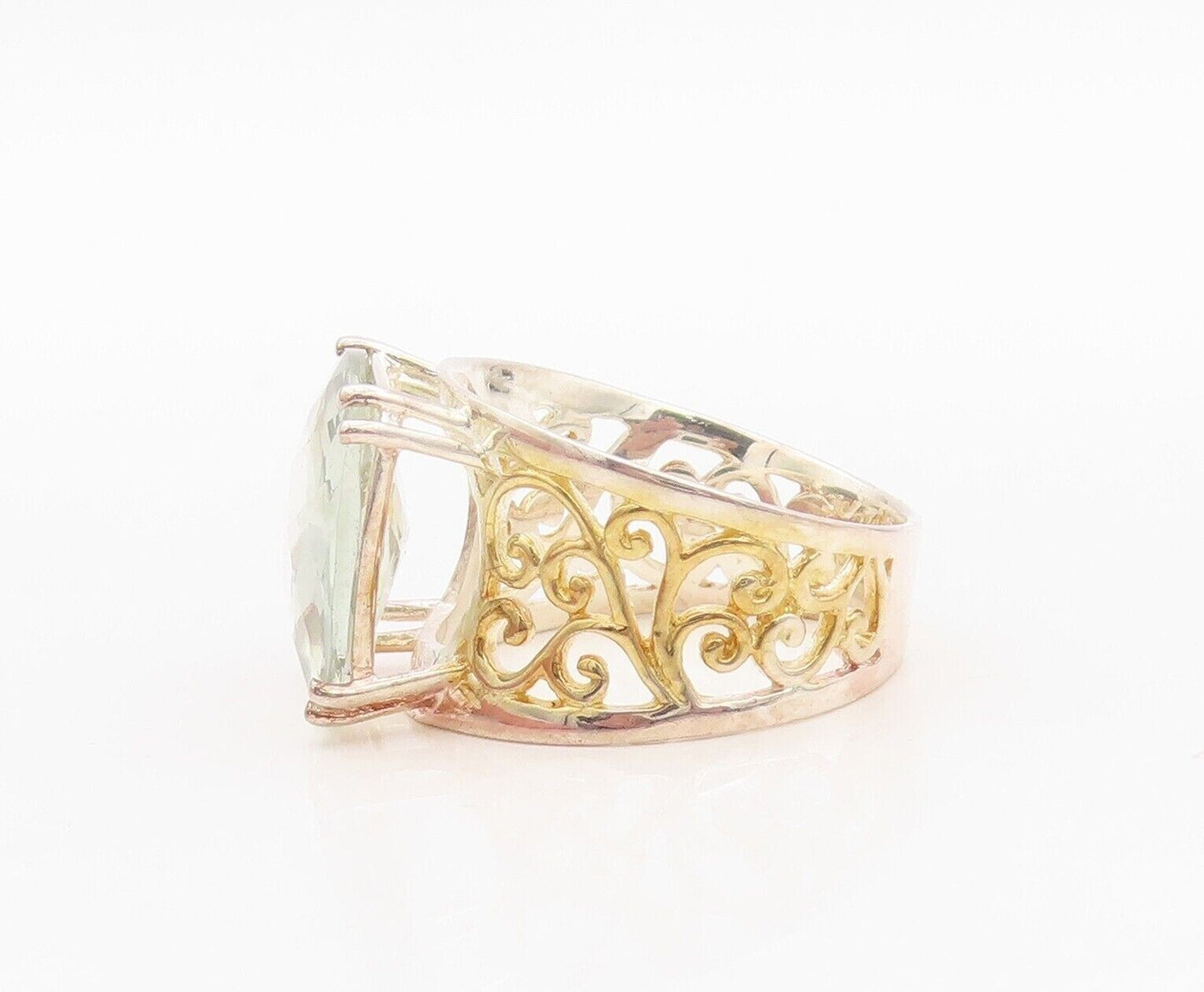 925 Sterling Silver Vintage Ring Gold Plated Carved Green Amethyst Sz 7  RG30072