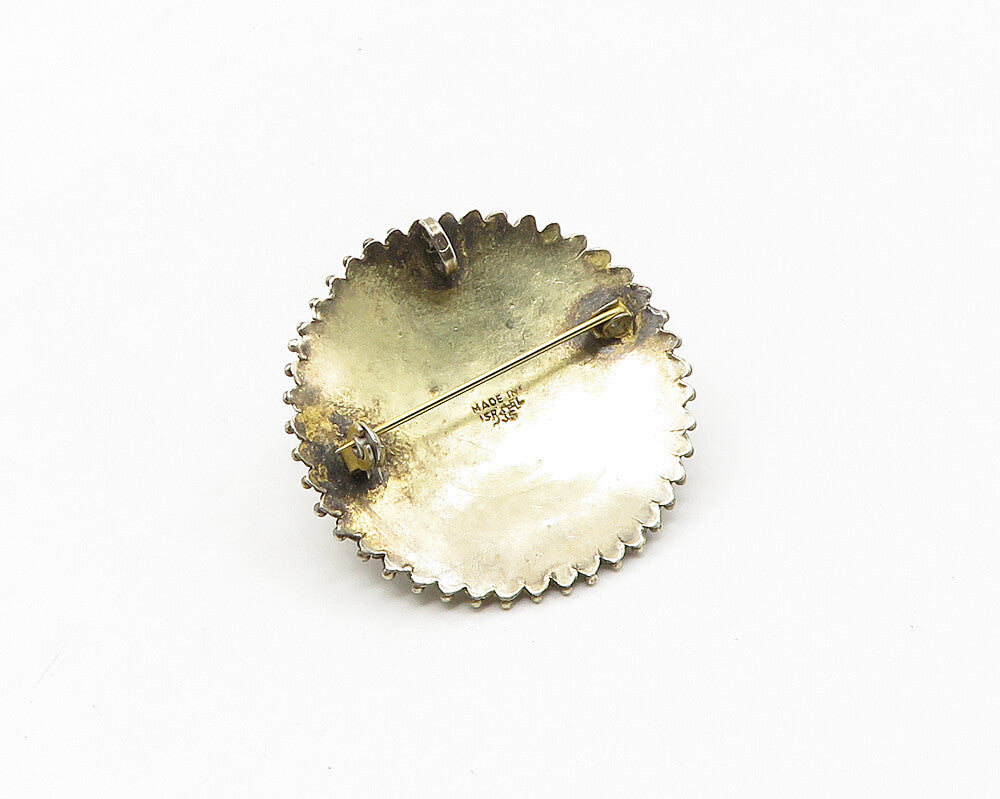ISRAEL 925 Sterling Silver Vintage Ornate Floral Detail Round Brooch Pin  BP6733