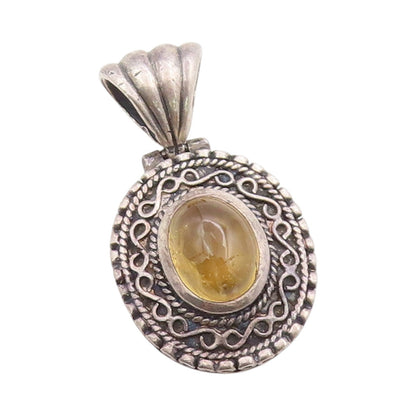 925 Sterling Silver Vintage Pendant Dark Tone Etched Oval Citrine Charm  PT24863