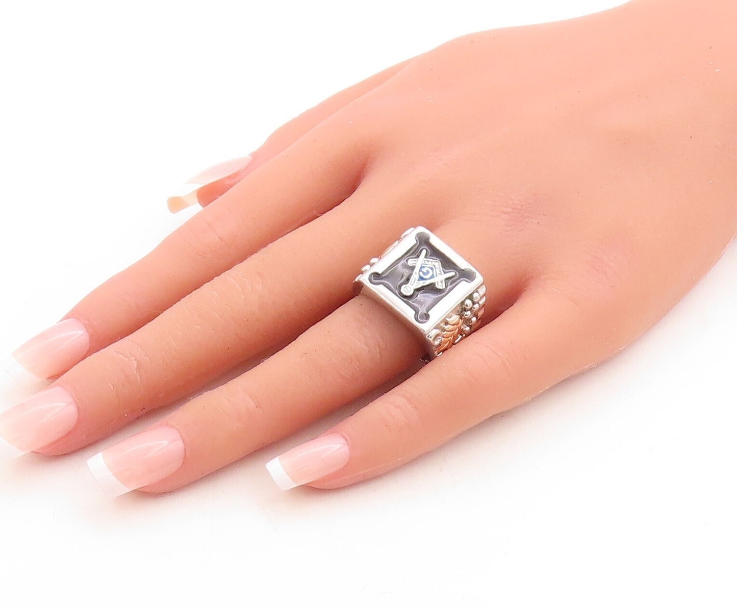 12k Gold 925 Sterling Silver Vintage Ring Enameled Carved Freemason Sz 8 RG31509