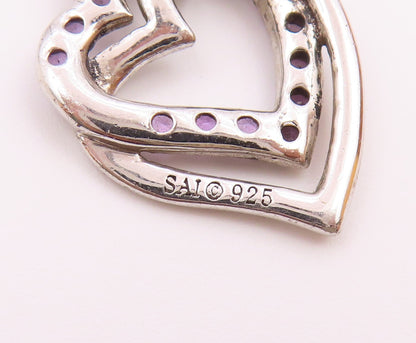 925 Sterling Silver  Vintage Amethyst Open Love Hearts Pendant  PT19117