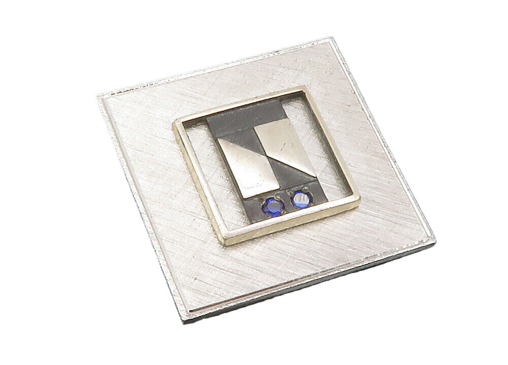 925 Sterling Silver  Vintage Blue Topaz Two Tone Square Brooch Pin  BP4605