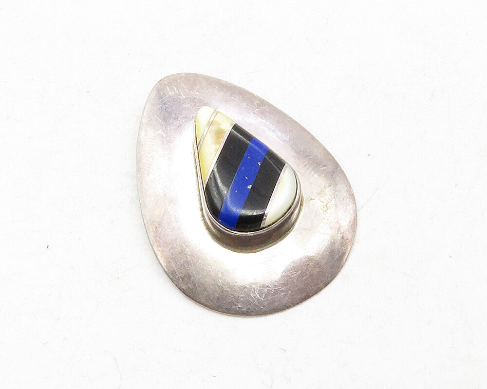 ZUNI 925 Silver  Vintage Lapis Lazuli Onyx &Mother Of Pearl Pendant  PT10208