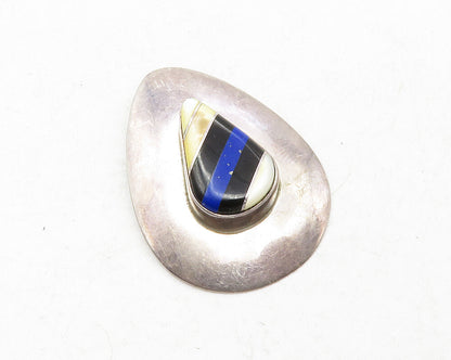 ZUNI 925 Silver  Vintage Lapis Lazuli Onyx &Mother Of Pearl Pendant  PT10208